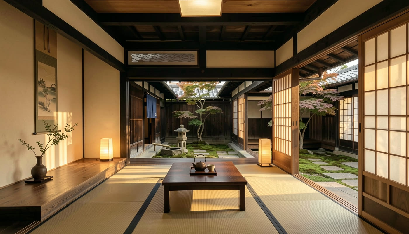 The main tatami room with shoji open to the courtyard